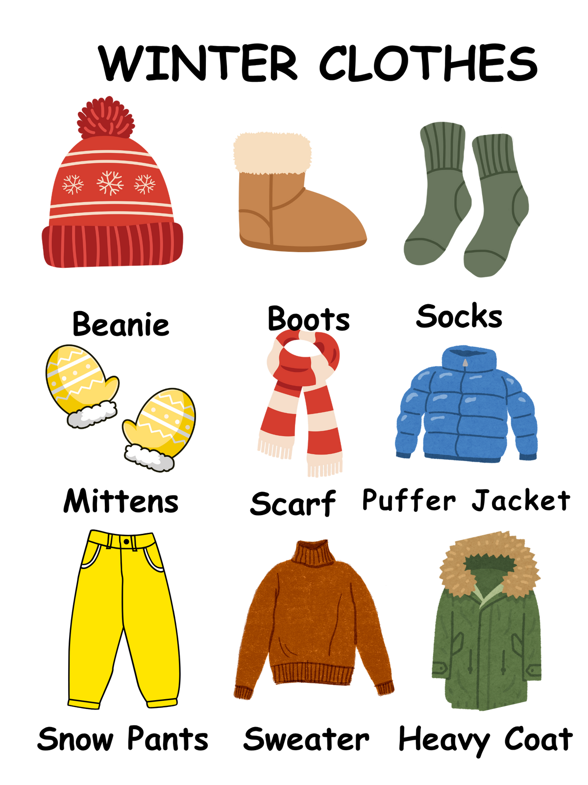 Winter Clothes Printable  Poster US Letter